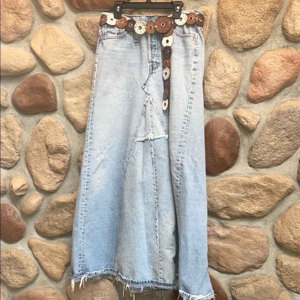 J BUSH HOLLYWOOD CREATIONS awesome distressed Denim Maxi Skirt festival! Sz 29